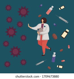 Vector illustration of a woman doctor fighting the new virus on the background of drugs, tablets, pills, syringes. Concept of the fight of medical workers around the world with the disease