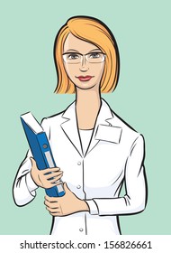 Vector illustration of woman doctor with folder. Easy-edit layered vector EPS10 file scalable to any size without quality loss. High resolution raster JPG file is included. 