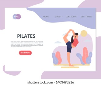 Vector illustration - Woman does pilates exercise. Landing page template of Healthy lifestyle, fitness, outdoor activity. Banner, poster.