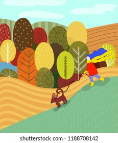 Vector illustration of woman with dog. Autumn background in flat style. Colorful illustration of autumn trees, lands and sky