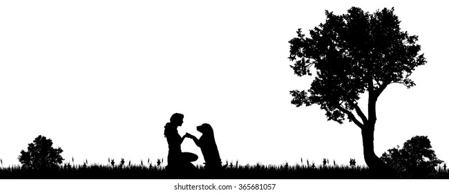 Vector illustration of a woman with a dog in the countryside.