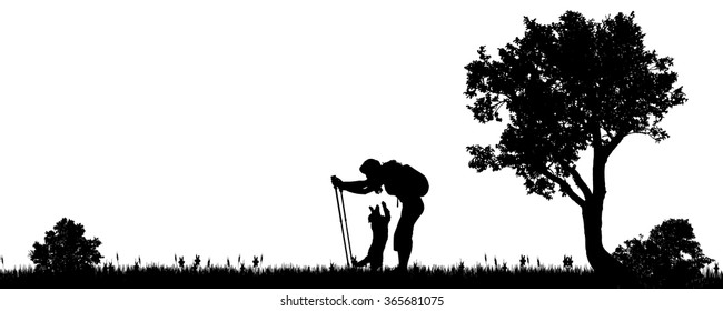 Vector illustration of a woman with a dog in the countryside.