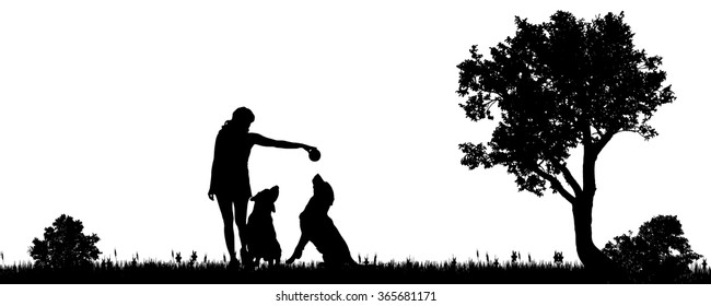 Vector illustration of a woman with a dog in the countryside.