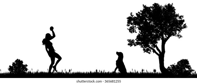 Vector illustration of a woman with a dog in the countryside.
