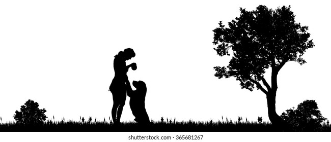Vector illustration of a woman with a dog in the countryside.