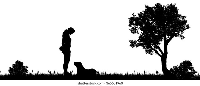 Vector illustration of a woman with a dog in the countryside.