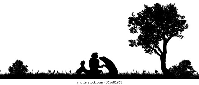 Vector illustration of a woman with a dog in the countryside.