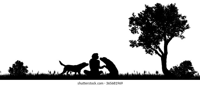 Vector illustration of a woman with a dog in the countryside.