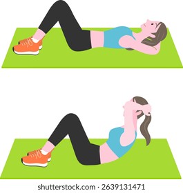 Vector illustration of woman doing abdominal crunch exercise in two poses