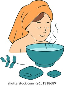 Vector illustration of a woman doing a facial steam treatment with a towel wrapped around her head. The scene depicts a calm and soothing self-care moment at home.