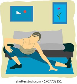 Vector illustration of a woman doing fitness stretching at home.