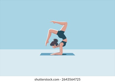 Vector illustration of a woman doing a forearm stand scorpion yoga pose on a mat. Active lifestyle, flexibility, and balance concept in flat cartoon style with blue background.
