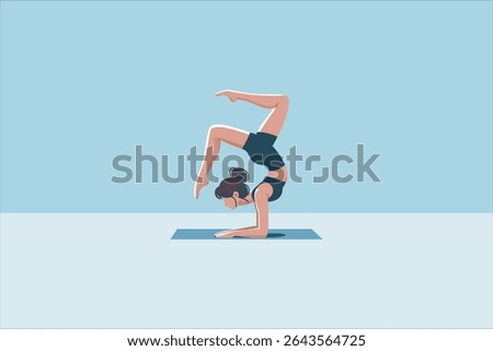 Vector illustration of a woman doing a forearm stand scorpion yoga pose on a mat. Active lifestyle, flexibility, and balance concept in flat cartoon style with blue background.