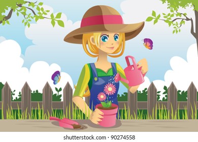 A vector illustration of a woman doing gardening