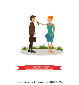 Vector illustration of woman doing interview and man giving interview in the street. The news reporter, journalist and businessman characters. Mass media jobs concept design element in flat style