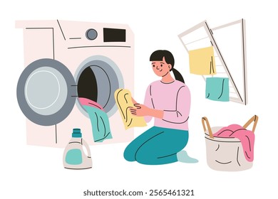 Vector illustration of woman doing laundry, with washing machine, drying rack, and laundry basket, utility room or laundromat. Simple and colorful flat character, detergent doodle in cartoon style