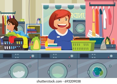 A vector illustration of Woman Doing Laundry at Laundry Place