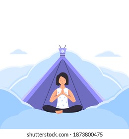 vector illustration of a woman doing meditation in front of a tent, on a cloud. white background