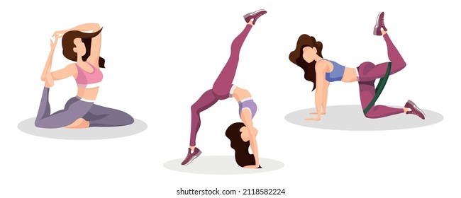 Vector illustration with woman doing physical activity. Healthy girl in leggings and sports bras on white background. Fitness, yoga and meditation. Healthy lifestyle at home and in the studio