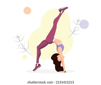 Vector illustration with woman doing physical activity. Healthy girl in leggings and sports bras on white background. Fitness, yoga and meditation. Healthy lifestyle at home and in the studio