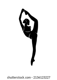 Vector illustration with woman doing physical activity. Healthy girl fit shadow shape isolated on white background. Fitness, yoga and meditation logo. Leg split  stretching studio logo design.