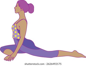 ilustração vetorial de mulher fazendo pombo pose ioga esticar em estilo plano desenhado à mão