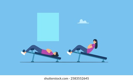 Vector illustration of a woman doing sit-ups on the bench at the fitness center or gym. Woman exercise with isolated background.