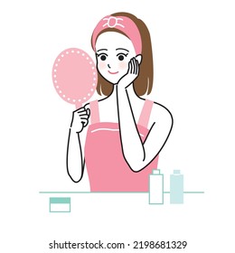 Vector illustration of a woman doing skin care while looking in the mirror