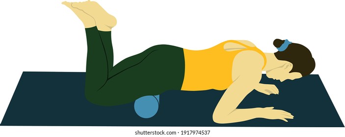 Vector illustration of a woman doing sports pilates gymnastic on mat making strength mobility stretching myofascial release exercise on quadriceps no special equipment on foamroller no background 
