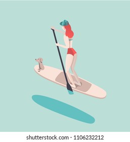 Vector illustration of woman doing SUP stand up paddle boarding with her dog 