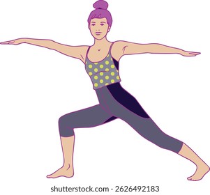 vector illustration of woman doing warrior pose yoga exercise in hand-drawn flat style