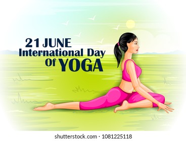 vector illustration of woman doing yoga pose on poster design for celebrating International Yoga Day
