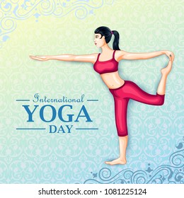 vector illustration of woman doing yoga pose on poster design for celebrating International Yoga Day