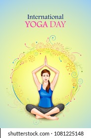 vector illustration of woman doing yoga pose on poster design for celebrating International Yoga Day