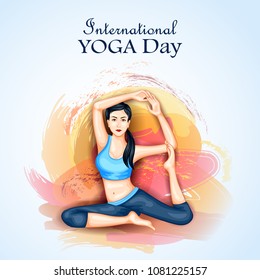 vector illustration of woman doing yoga pose on poster design for celebrating International Yoga Day