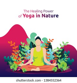 Vector illustration of a woman doing yoga or meditation in the background of nature
