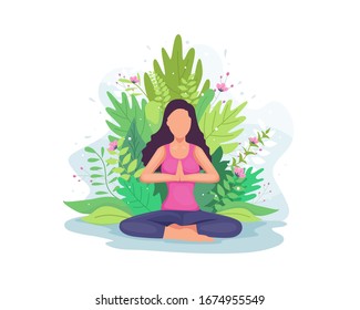 Vector illustration Woman doing yoga exercise. Girl in yoga lotus pose with floral, Practicing yoga, Young woman meditates. Meditation concept illustration in a flat style