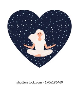 vector illustration of a woman doing yoga in lotus pose starry sky heart shaped background