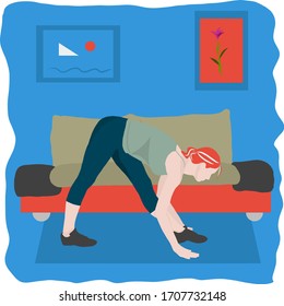 Vector illustration of a woman doing yoga at home.