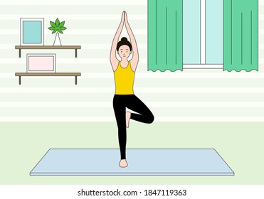 A vector illustration of a woman doing yoga inside the house.
