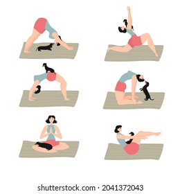 Vector illustration of a woman doing yoga with her dachshund dog. Having fun with your pet
