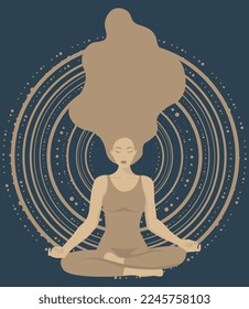 Vector illustration with woman doing yoga in lotus position, meditation, healthy lifestyle. Yoga poster. Relaxation and calm. Background vector illustration.