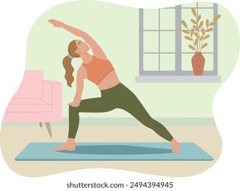 Vector illustration of a woman doing yoga at home. Сoncept of physical practice in flat style	