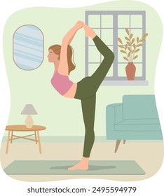 Vector illustration of a woman doing yoga in an apartment. Concept of physical practice at home in flat style