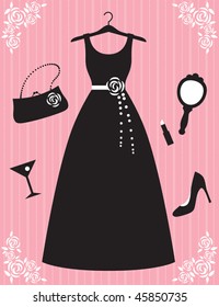 Vektorillustration Illustration von Frauenkleid und Accessoires.