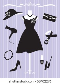 Vector illustration of woman dress and accessories.