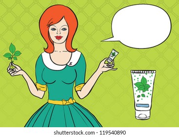 vector illustration of a woman dressed in a 50s dress with speaking bubble holding fresh her in one hand and a tube of natural cosmetic in the other, modern retro commercial or advertising.