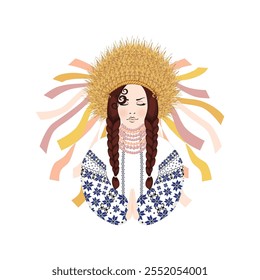 Vector illustration of Woman dressed in a national embroidered Ukrainian costume and a wreath of wheat ears, prays, Traditions and culture of Ukraine
