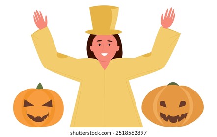 Vector illustration of a woman dressed in a yellow costume with two carved pumpkins, representing Halloween celebration, costume party, and fall decorations.