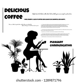 vector illustration of woman drinking coffee, girl talking on phone, black silhouette on white background